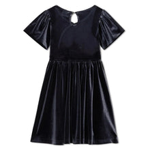 Girls velour dress in dark navy, keyhole neckline, pleated skirt, short sleeves