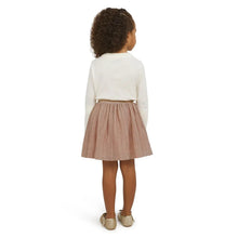 Toddler holiday skirt back view, mauve rose pleats and elastic waistband