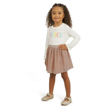 Toddler holiday skirt with mauve rose sparkle texture, pleated A-line cut