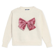Toddler girls cream sweater with pink bow detail at upper back