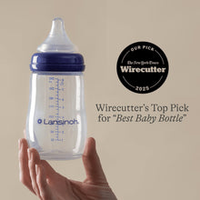 Lansinoh anti-colic feeding bottle with measurement marks, purple cap, clear body