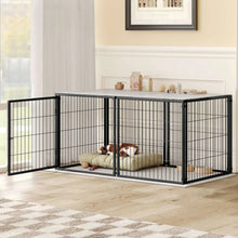 Black metal wire dog kennel with hinged front door, indoor pen enclosure.