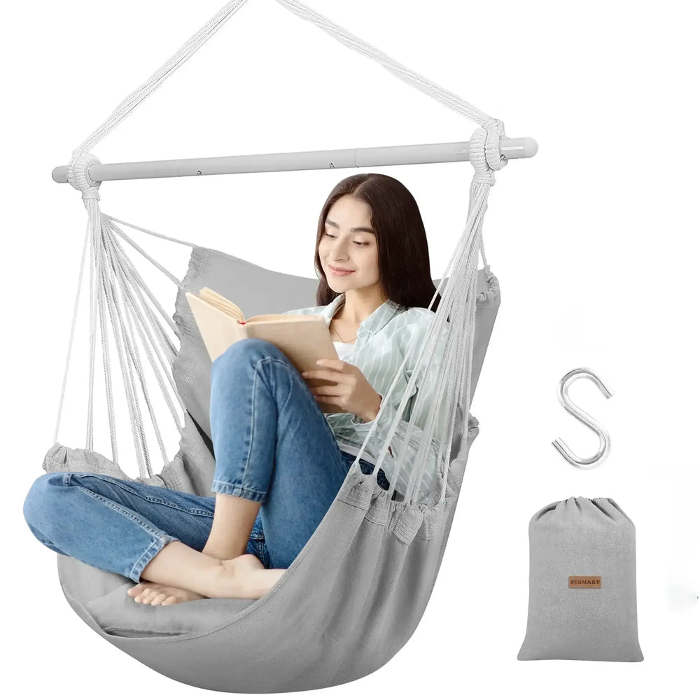 Large Hammock Chair Swing, Relax Hanging Rope Swing Chair with Detachable Metal Support Bar & Two Seat Cushions, Cotton Hammock Chair Swing Seat for Yard Bedroom Patio Porch Indoor Outdoor - USA MEGA SHOP