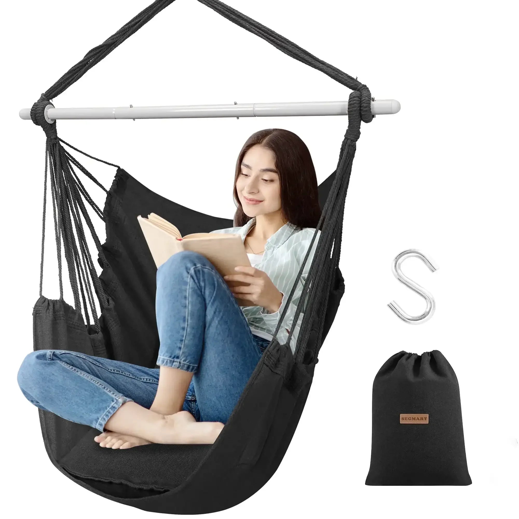 Large Hammock Chair Swing, Relax Hanging Rope Swing Chair with Detachable Metal Support Bar & Two Seat Cushions, Cotton Hammock Chair Swing Seat for Yard Bedroom Patio Porch Indoor Outdoor - USA MEGA SHOP