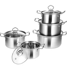 Stainless steel stockpot set with three pots, glass lids, and loop handles