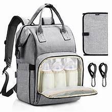 Gray diaper bag backpack with top handle, front pockets, open organizer and changing pad.