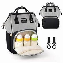 Gray diaper bag backpack, open organizer with bottles, front pocket, stroller straps.