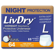 Overnight protective underwear package, size L, 64-count pack