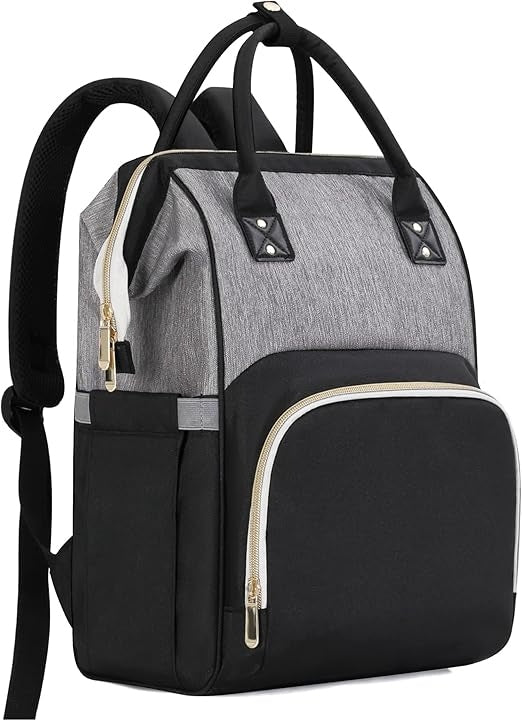 Gray and black backpack with gold zippers on a white background