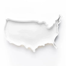 White porcelain U.S. map serving platter with raised rim and glossy finish.