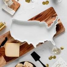 White porcelain U.S. map serving platter with raised rim, empty center.