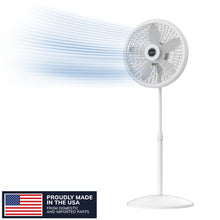 White 18-inch pedestal oscillating fan with wire grille and adjustable stand