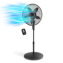Black oscillating pedestal fan with grille and remote, angled with airflow lines