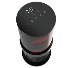 Ceramic space heater top control dial on black lid with red flame-lit cylinder body