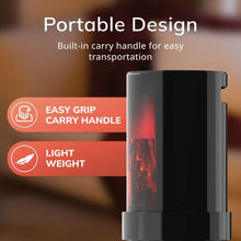 Ceramic space heater with built-in carry handle and red flame window, black body