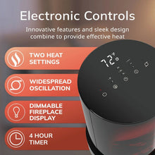 Ceramic space heater with top control panel and red flame display, black base