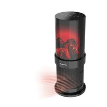 Ceramic space heater with black cylinder body and glowing red 3D flame window