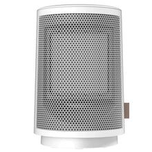 White personal ceramic space heater with mesh back grille and rounded base