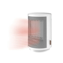 White personal ceramic space heater with cylindrical mesh grille and rounded top, front view