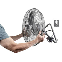 Lasko high-velocity fan being wall-mounted with bracket and power cord