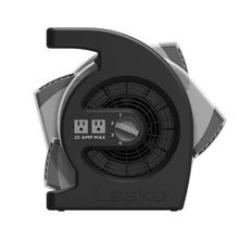 Utility fan front and side view with grille and carrying handle, dark gray