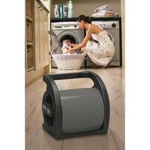 Utility fan with handle and front grille, dark gray housing