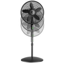 Black pedestal fan with circular grille and base, with green control light