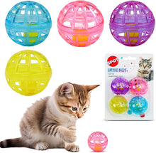 Set of 4 colorful lattice bell balls for cats in blue, pink, purple, and yellow