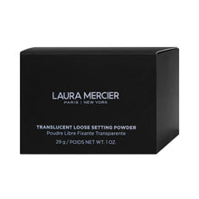 Translucent loose setting powder box with black design and Laura Mercier text