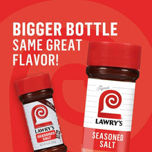 Two Lawry's seasoned salt bottles with red caps and white labels reading Seasoned Salt
