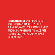 Ingredients panel for seasoned salt listing salt, sugar, spices, garlic, and paprika