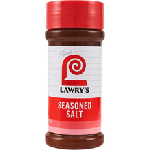 Lawry's seasoned salt bottle with red cap and white label reading Seasoned Salt