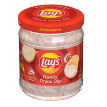 Lay's French Onion Dip jar with red lid; clear glass shows creamy white dip