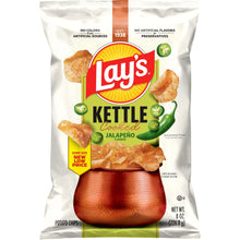 Jalapeno kettle cooked potato chips bag, white foil with green pepper icons