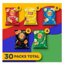 Assorted Lay's potato chip bags: Wavy, Classic, Salt & Vinegar, Barbecue, Sour Cream & Onion