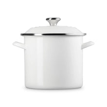 White enameled steel stockpot with stainless knob lid and side loop handles