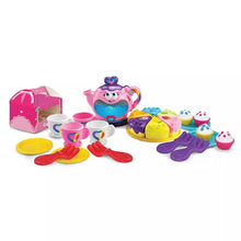 Musical tea party toy set with pink teapot, cups, colored plates, spoons, and cupcake box