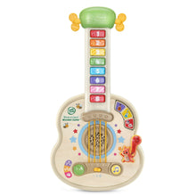 Wooden strum-and-count guitar toy with green top, colored keys, and animal decals