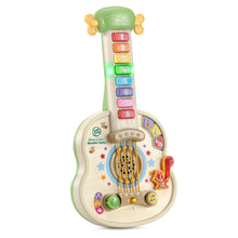 Wooden strum-and-count guitar toy with rainbow-colored button panel and xylophone strings