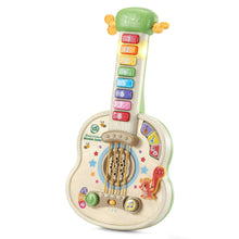 Wooden strum-and-count guitar toy with green top and colorful number buttons