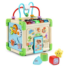 Wooden activity cube toy with bead roller top and included shape blocks and star pieces