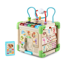 Wooden activity cube toy with number panels, bead maze, and colorful handle bars