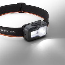 LED headlamp on black-and-orange strap with white beam mode, gray housing