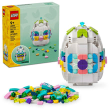 LEGO decorative Easter egg building toy, white egg with multicolor stud patterns and loose pieces