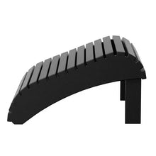 Black Adirondack footstool end view with curved slatted back and square legs.