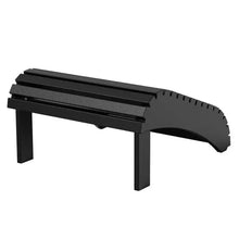 Black Adirondack footstool with curved slatted top, front seat slats, and square legs.