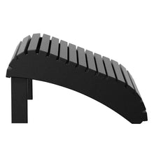 Black Adirondack footstool angled end view with curved slatted seat and square legs.