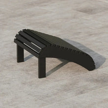 Black Adirondack footstool with curved slatted top and four square legs.