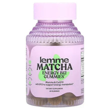 Matcha energy B12 gummies bottle with purple label and green icon accents