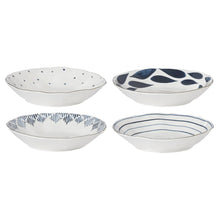 Assorted porcelain bowls with blue patterns: leaf, speckles, and stripes